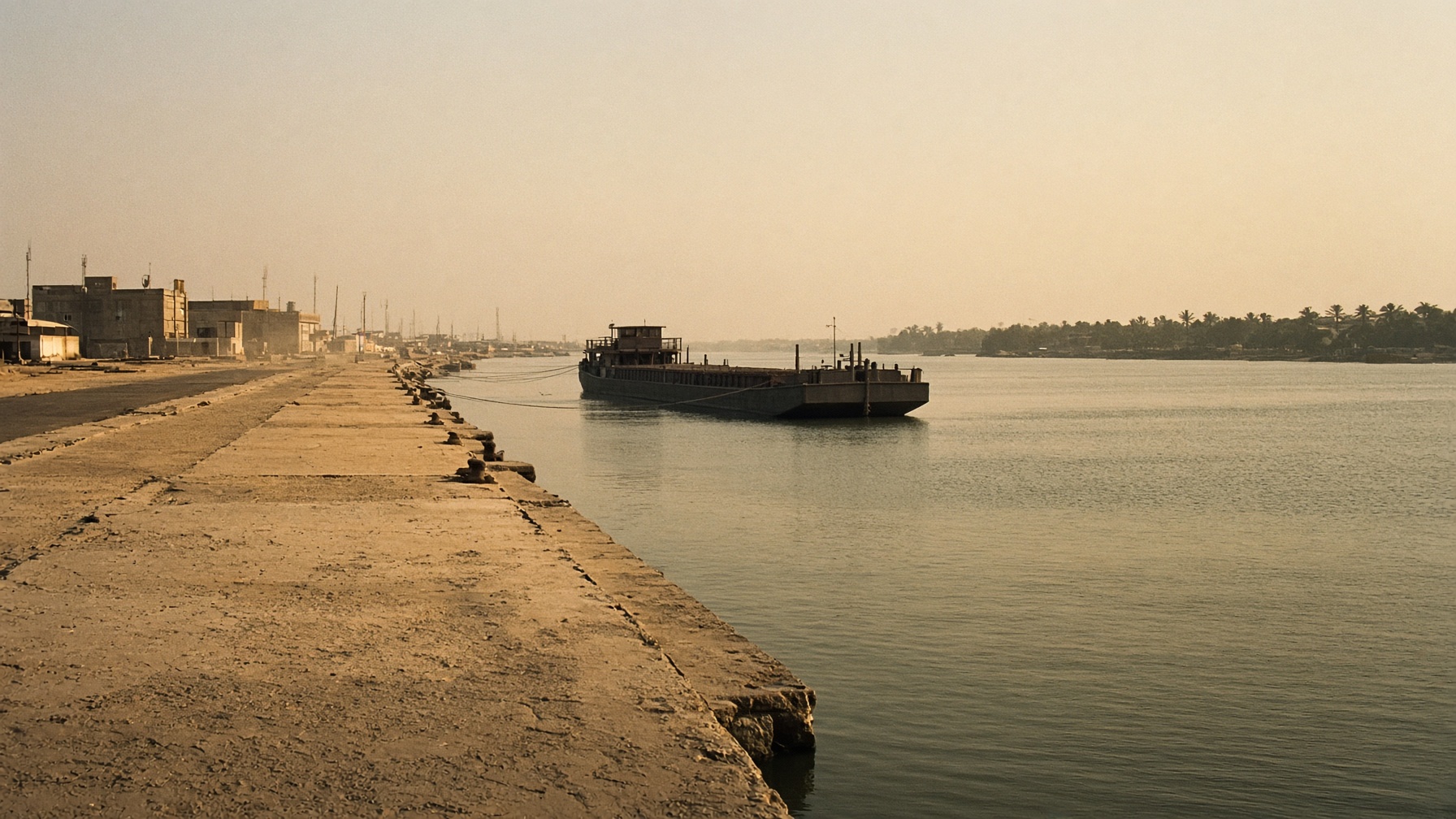 A quiet commercial quay and a moored cargo barge in late-afternoon light.