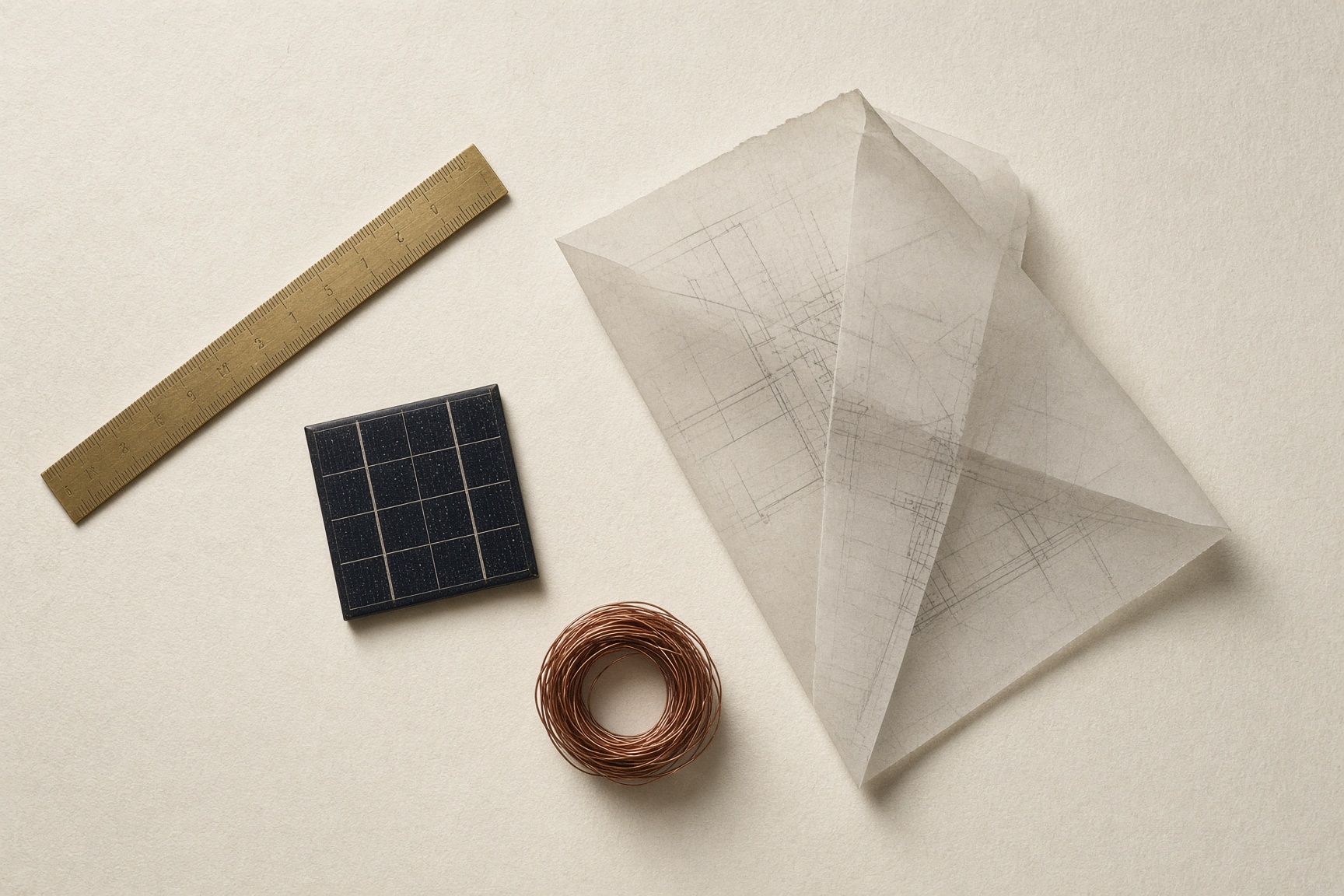 Brass ruler, copper wire, an architectural tracing, and a photovoltaic cell on ivory paper.